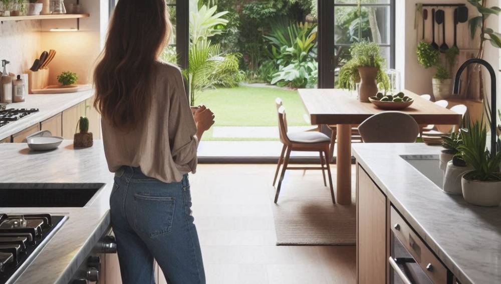 Woman looking at the kitchen of her dreams