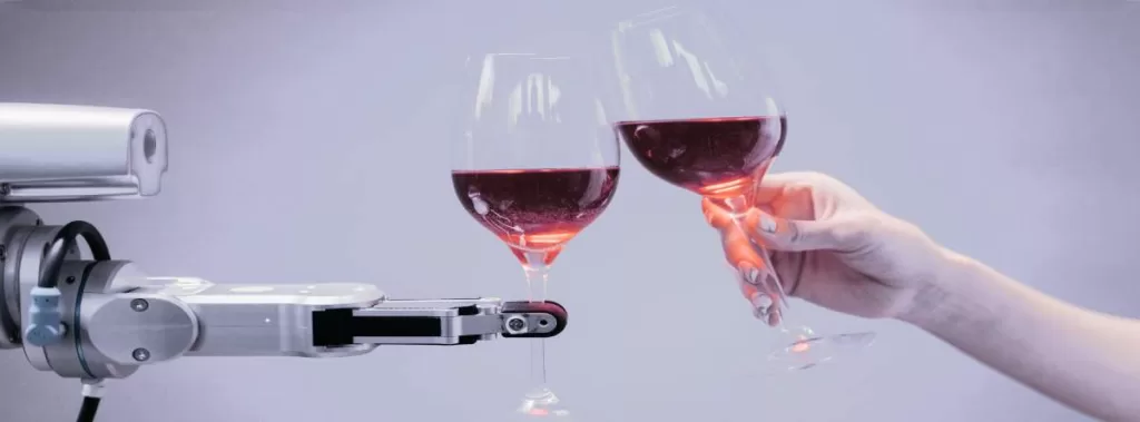 a robot clinking wine glasses with a human woman