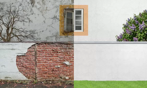Exterior view of an old run-down house with a wall in the front garden on one side and the freshly renovated look on the other side
