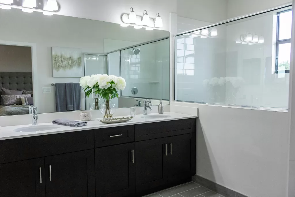 a bathroom with efficient lighting