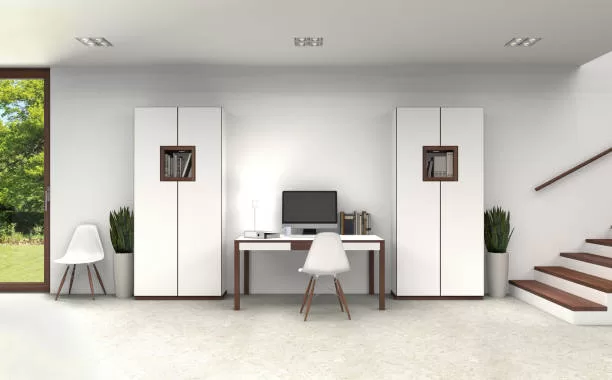 fictitious 3D rendering of a home office interior with modern furniture in the basement