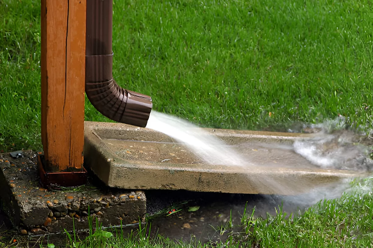 Extended downspout moving water away from Toronto house foundation.