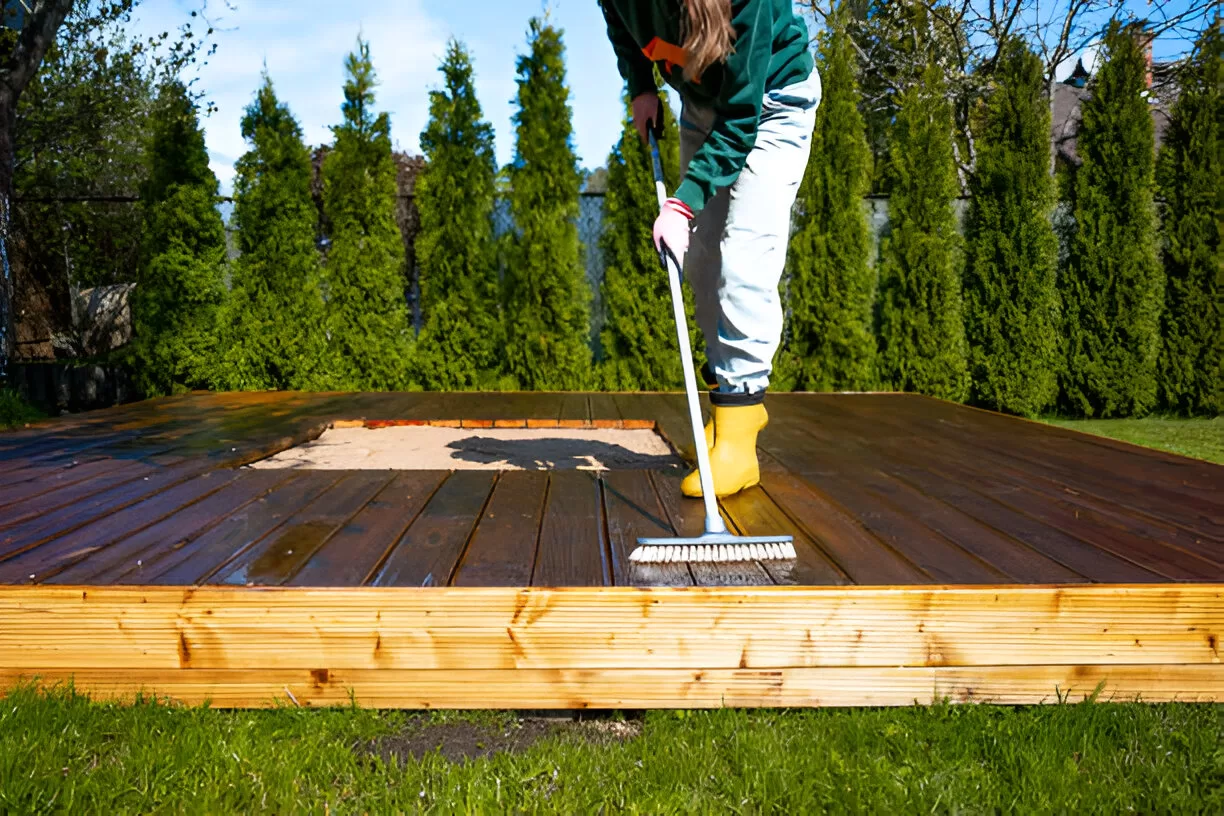 Spring cleaning a composite deck with soap and water in Toronto.