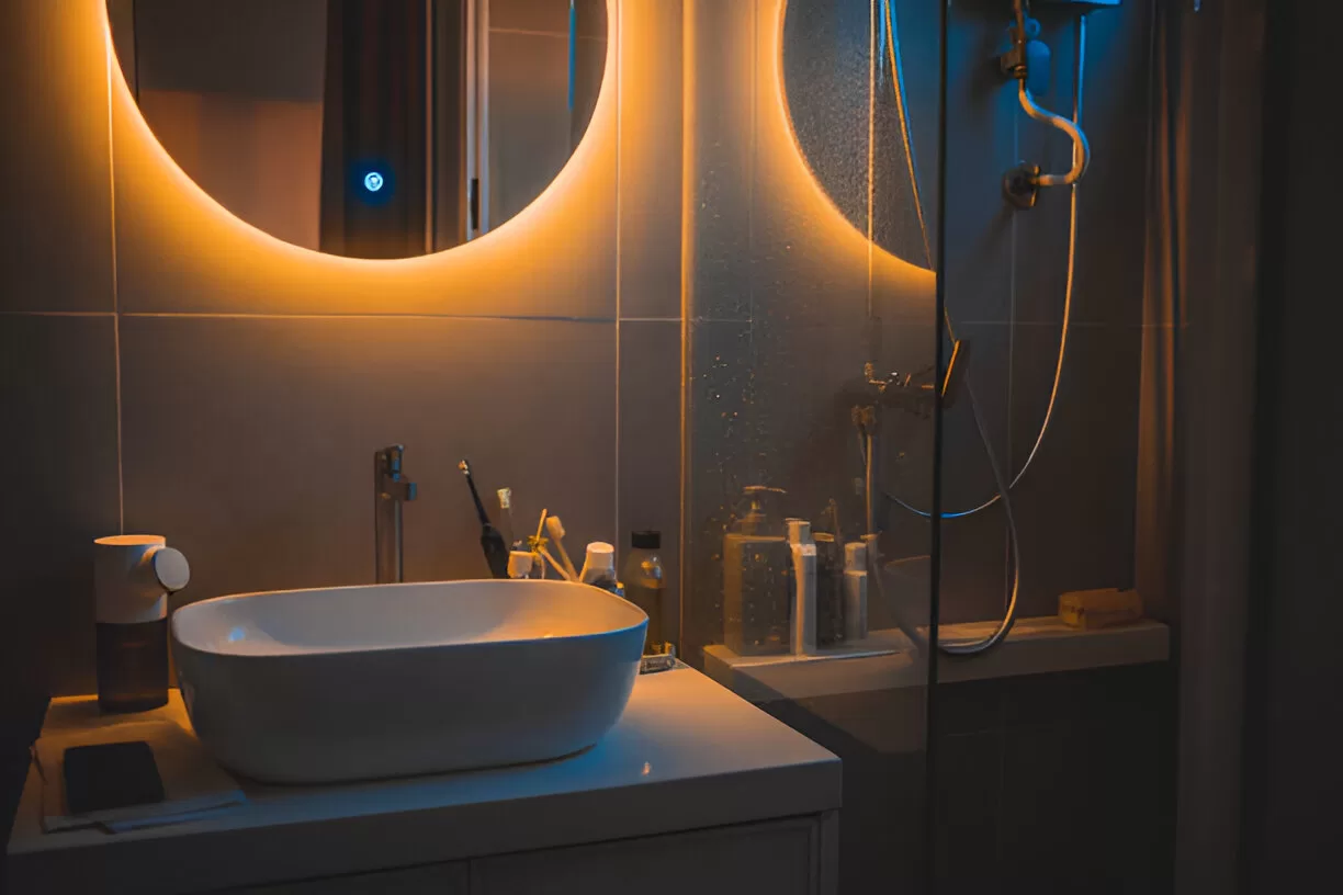 LED accent lighting below floating vanity in compact Toronto bathroom.