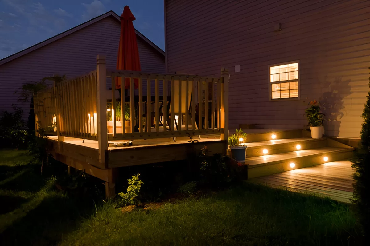 Deck stairs with low voltage LED step lighting in Toronto.