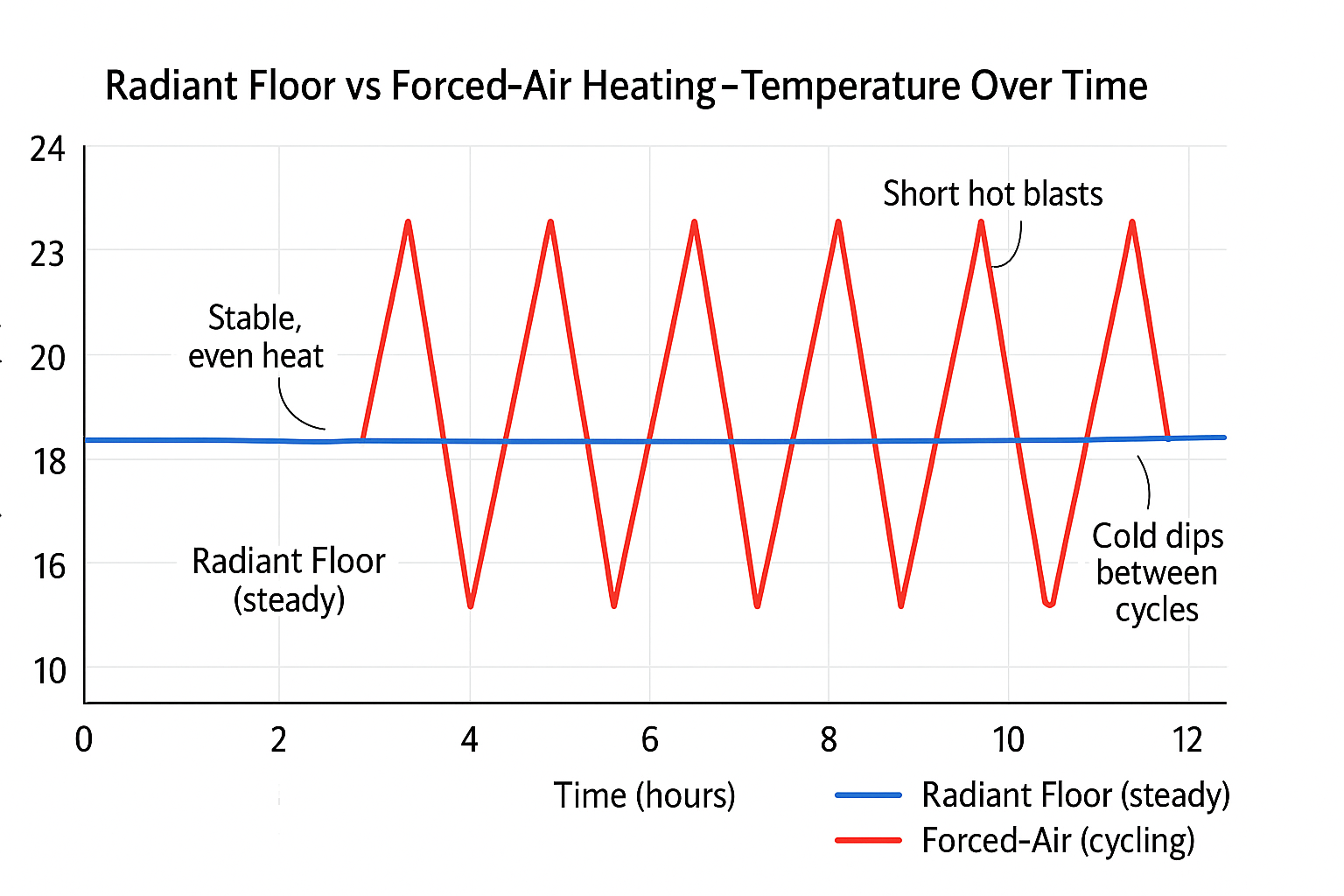 Radiant floor steady‑state heating vs. forced‑air cycling.