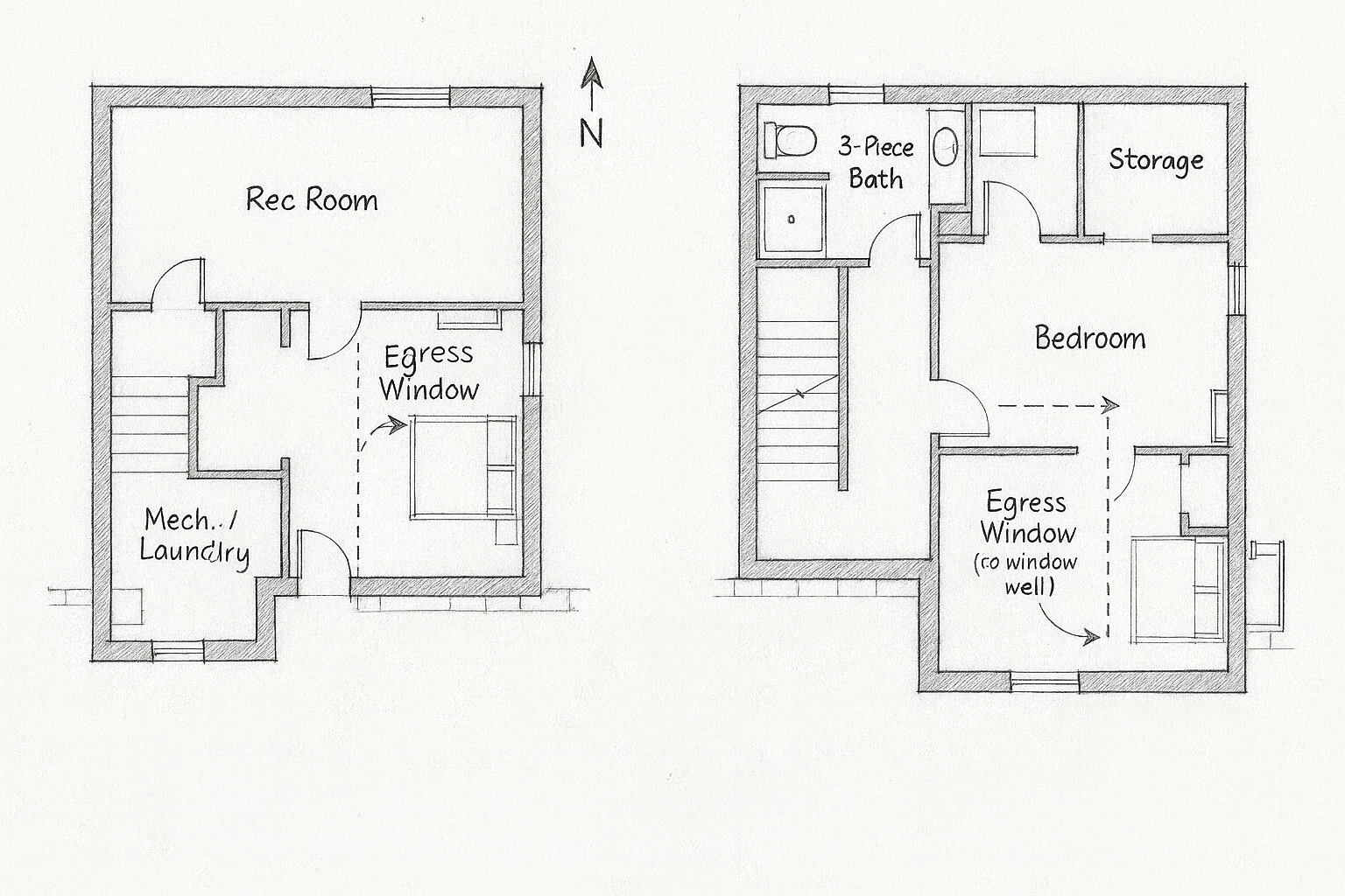 Basement bedroom plan with direct path to egress window
