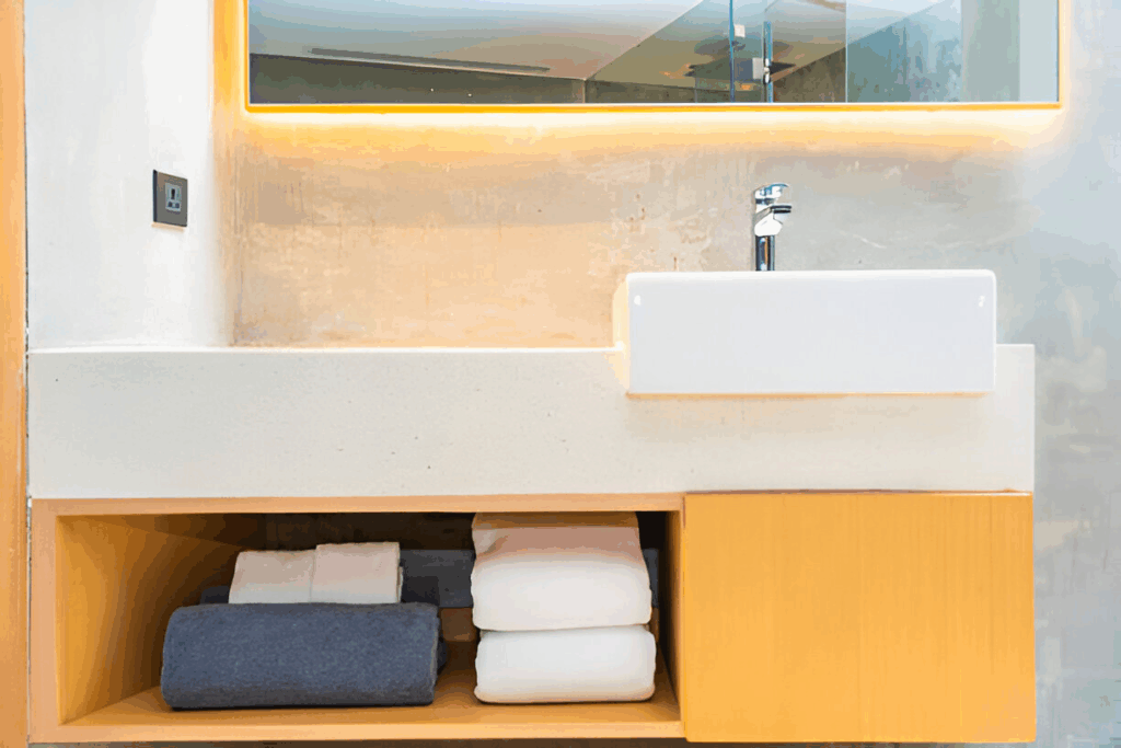 warm under‑vanity LED strip creating a soft glow