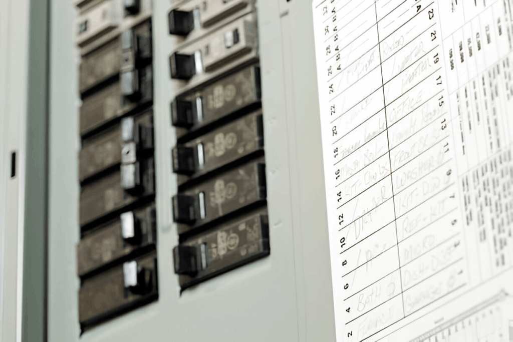 Labeled electrical panel showing dedicated breakers for HVAC and other large loads.