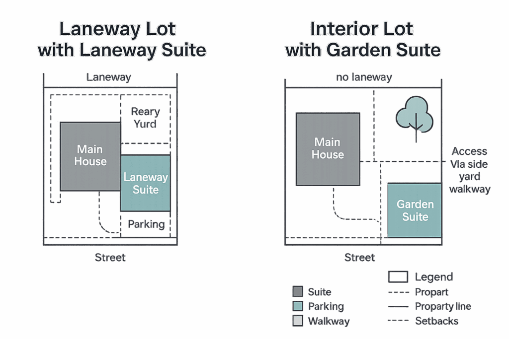 Diagram showing a laneway lot versus an interior lot with a garden suite location.