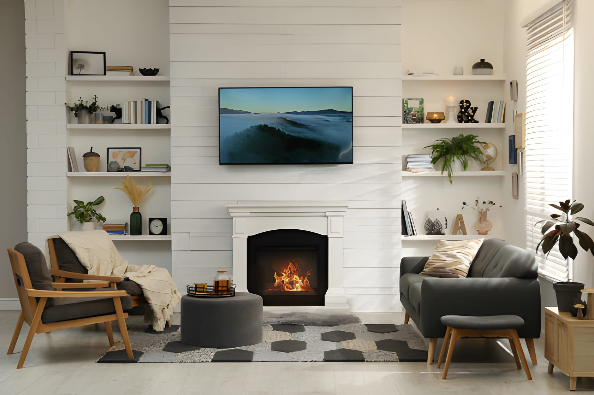 Media wall and electric fireplace in a Toronto living room.