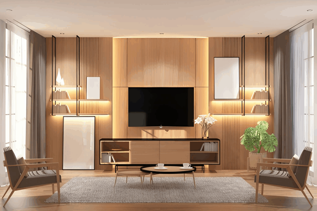 Media wall with integrated soundbar niche and soft LED shelf lighting.