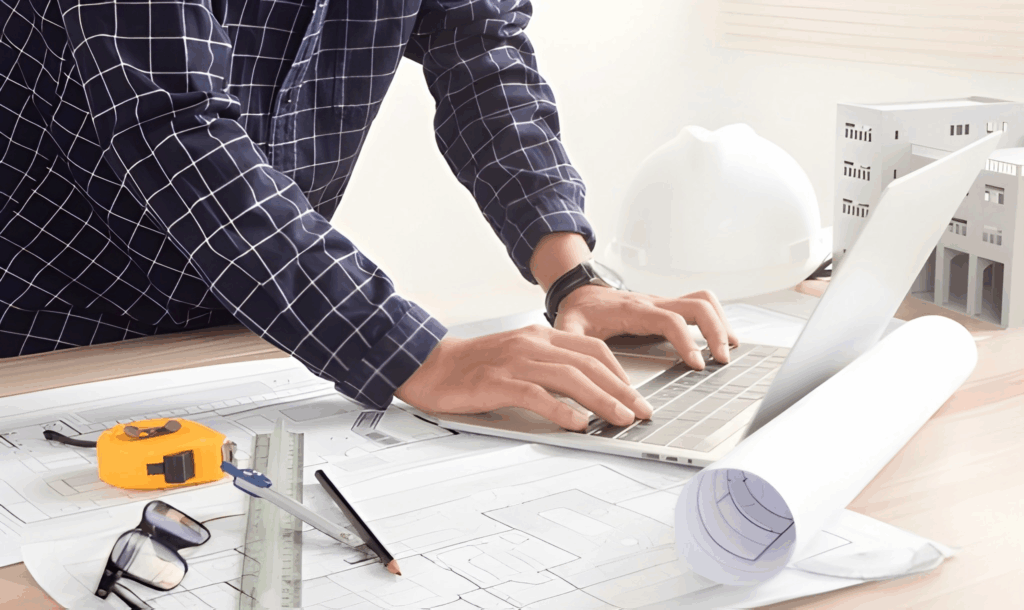 Architect marking up heritage renovation drawings