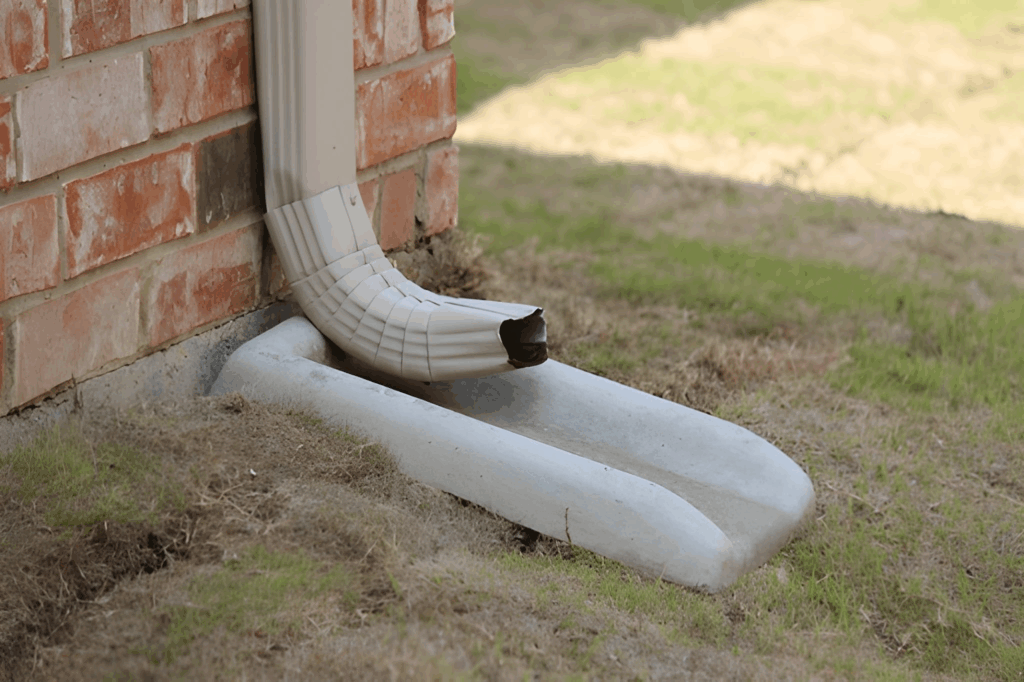 Downspout extension improving drainage at brick foundation