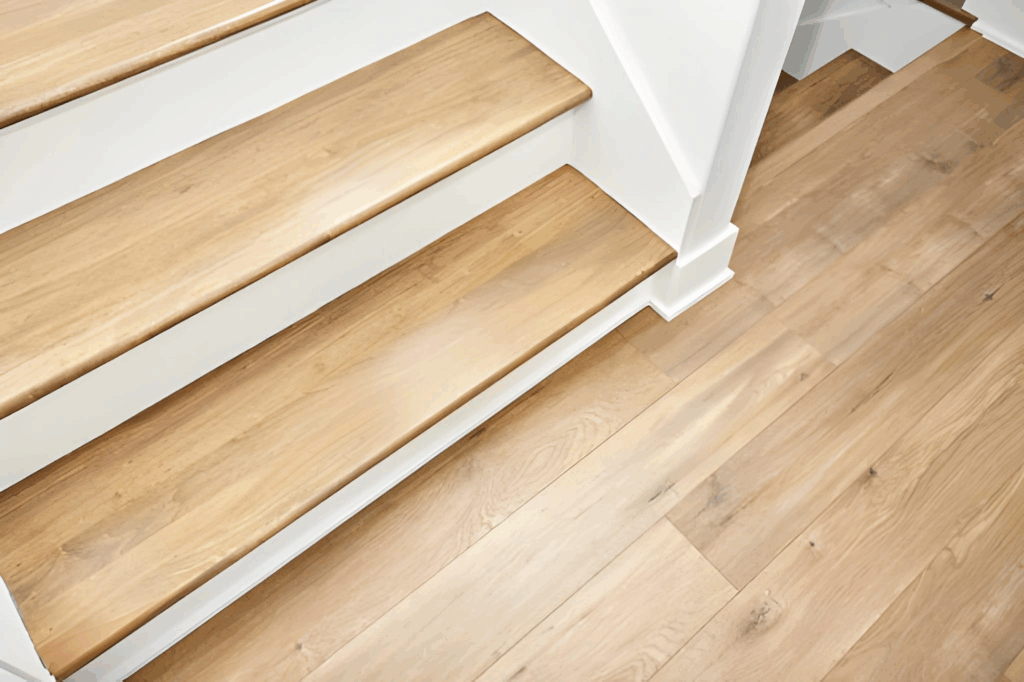 Flush nosing detail where engineered hardwood meets the stair edge.