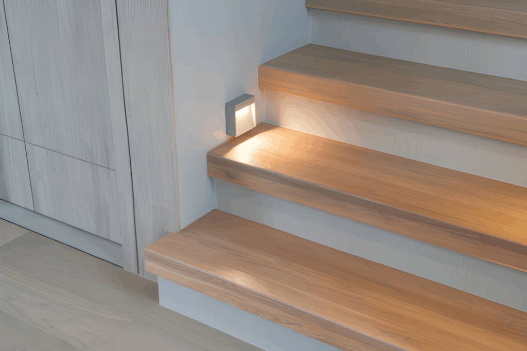 Staircase with soft a wall sconce for safe night use.