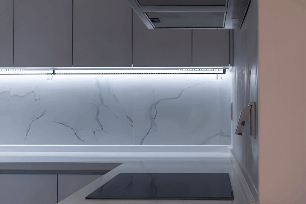 LED strip lighting under cabinets illuminating a quartz backsplash.