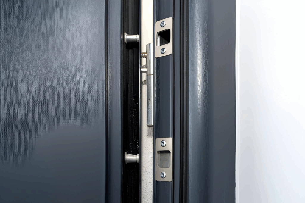 Close‑up of a multipoint lock engaging reinforced strike points.