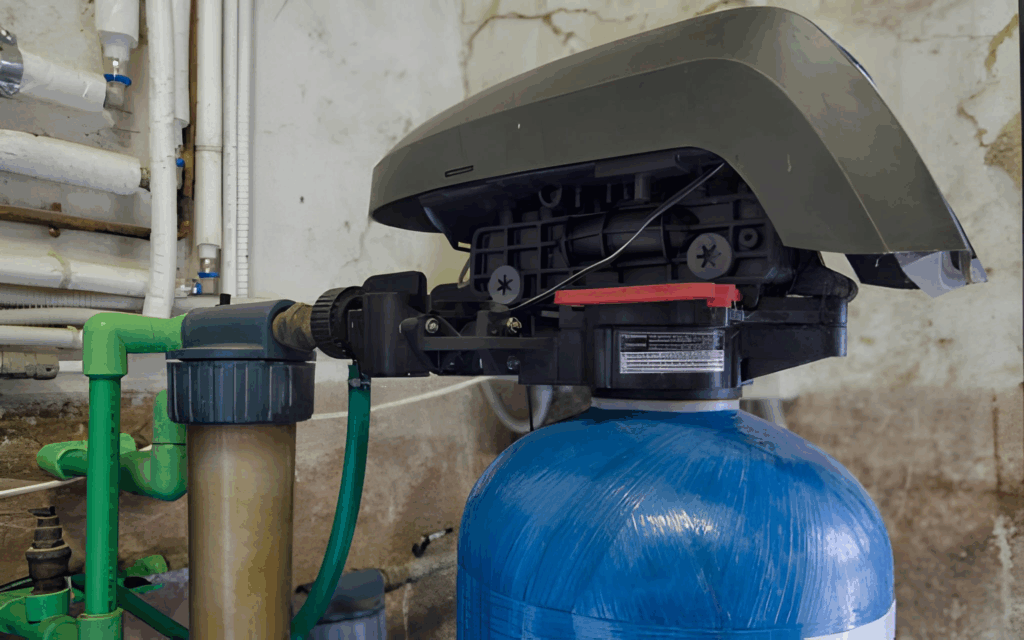 Organized mechanical wall with filter, softener, and an auto shutoff valve in Toronto home.