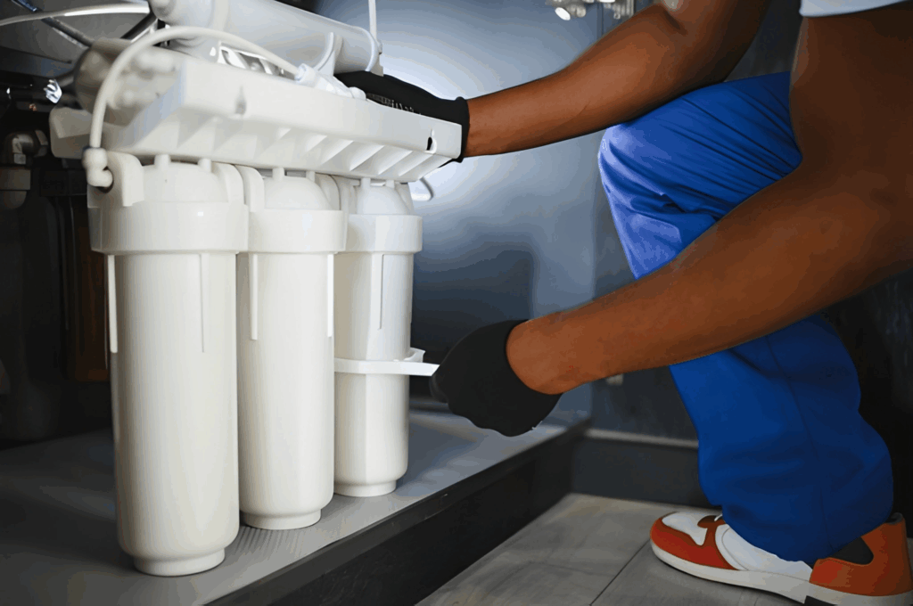 Under‑sink carbon block filter feeding a small drinking‑water faucet installation in Toronto home.