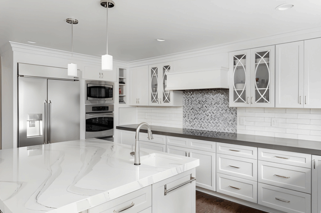modern Toronto kitchen with quartz backsplash.