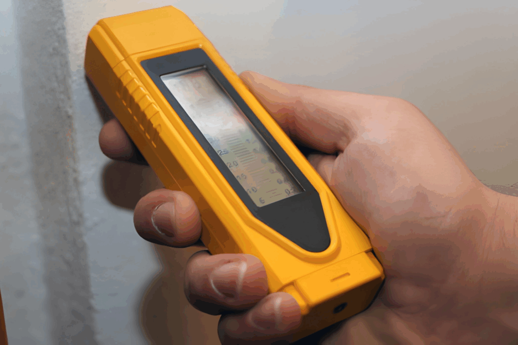 Contractor using a moisture meter on a concrete basement wall.