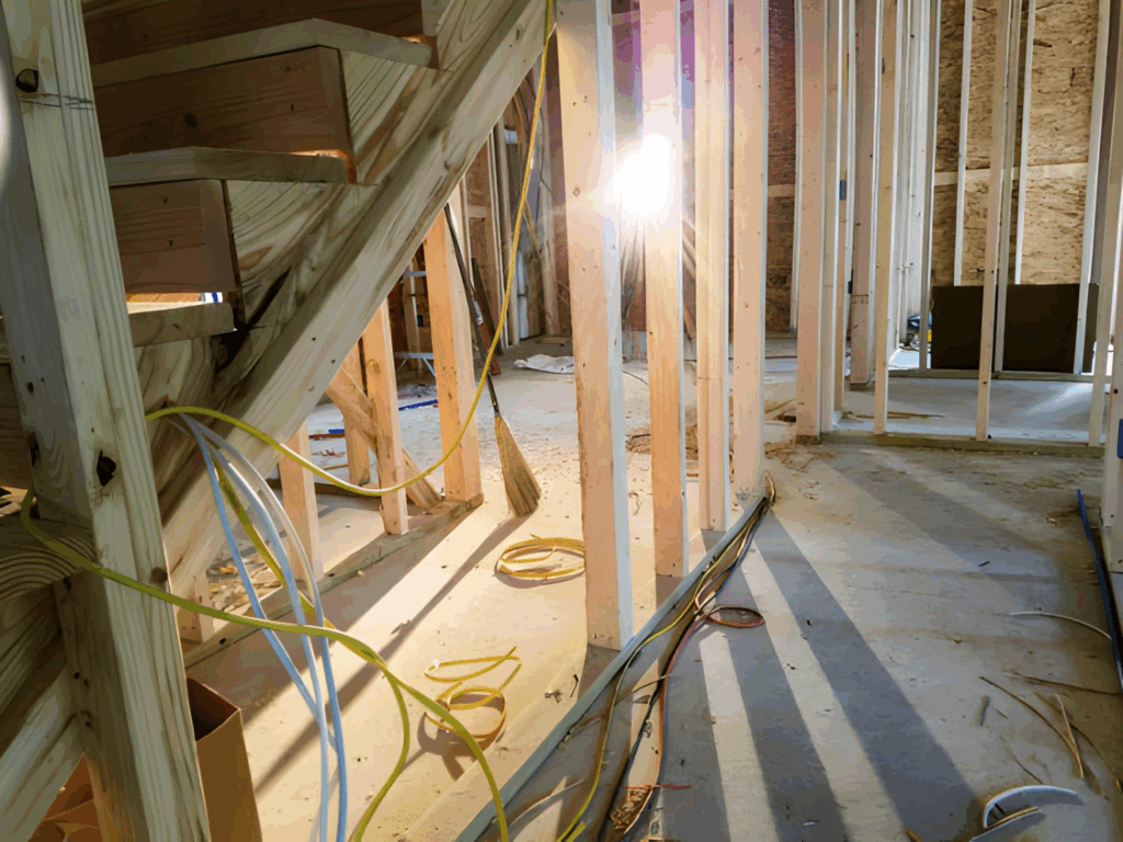 Basement framing with plumbing and electrical rough‑ins before drywall.