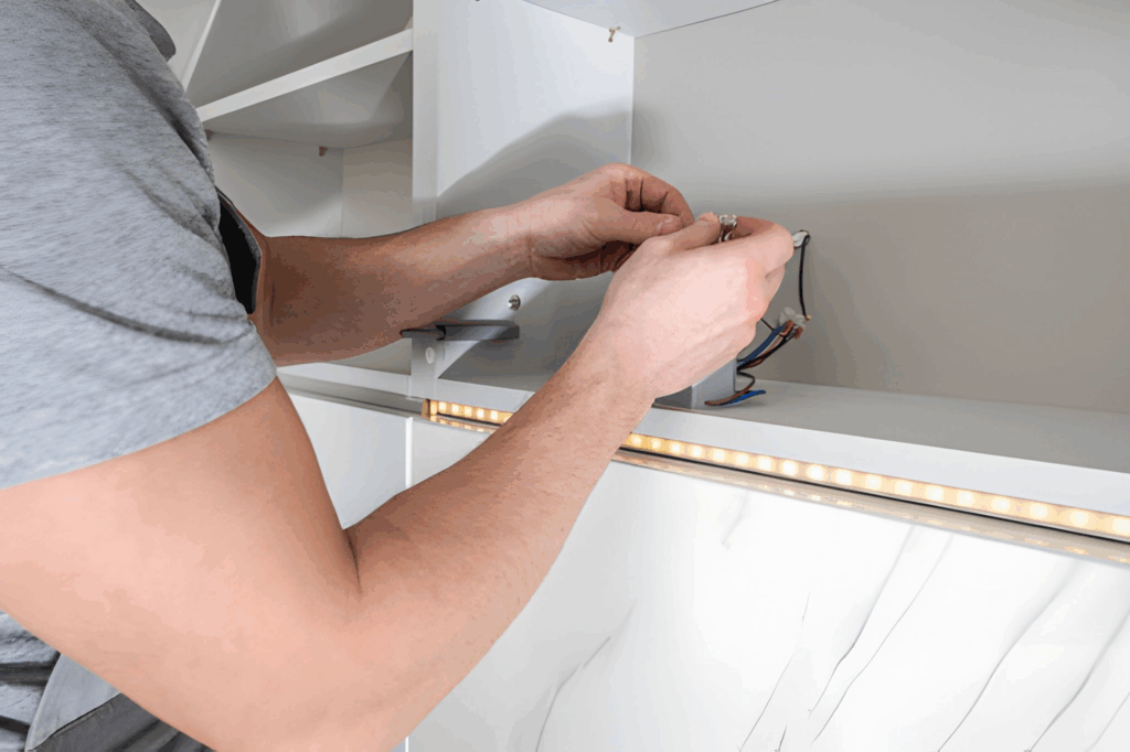 Closeup of under-cabinet LED channel being recessed into the cabinet underside for a seamless look.
