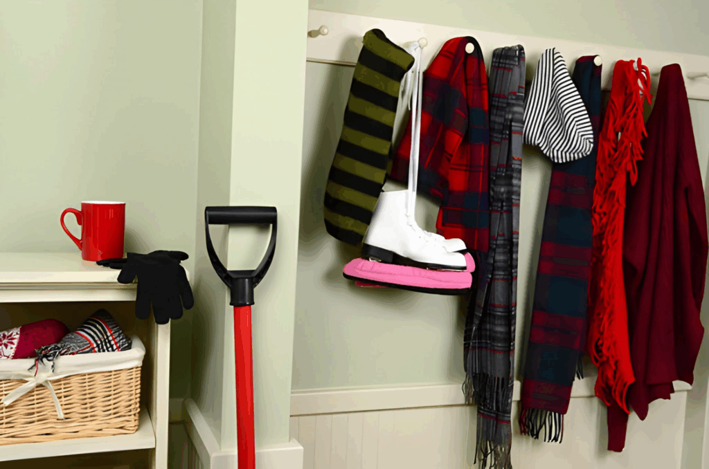 Toronto mudroom with built-ins, bench, hooks, and waterproof flooring at the garage entry