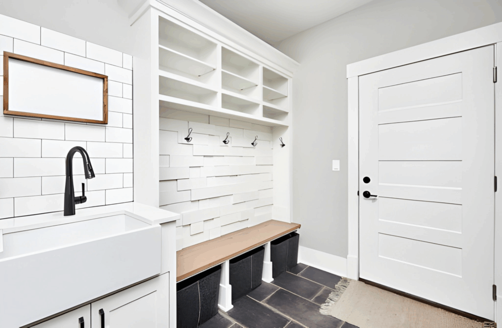 Mudroom with utility sink for easy cleaning