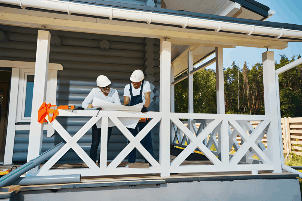 Two workers on porch inspecting technical document in Toronto.