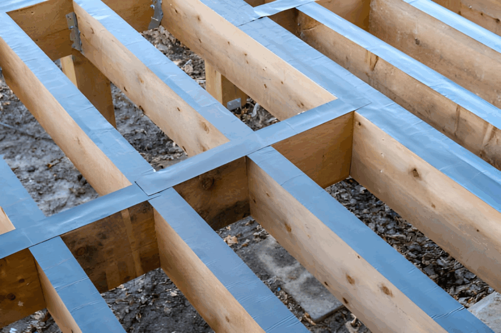 Joist‑top tape installed on framing before composite boards for added durability.
