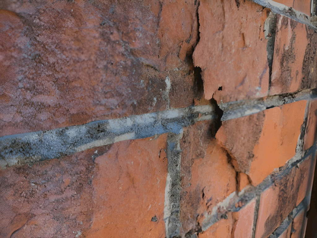 Cracked and recessed mortar joints on an old Toronto brick wall.