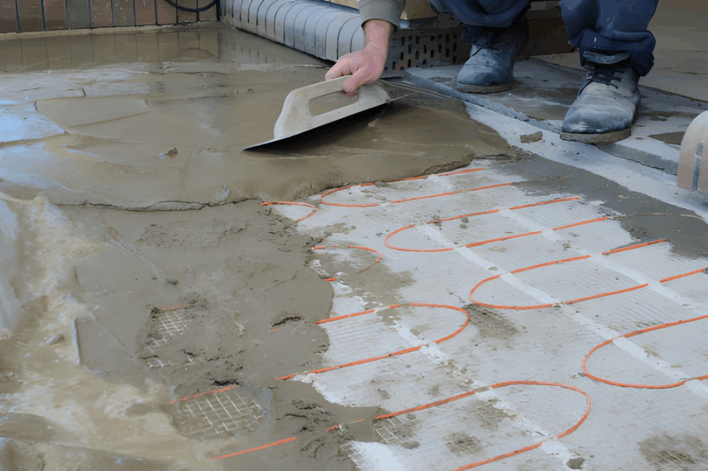 Electric snow melt heating mat laid out and concrete being poured.