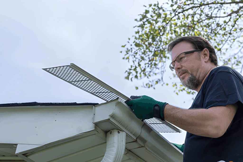Micro‑mesh gutter guard being installed on a Toronto eavestrough.