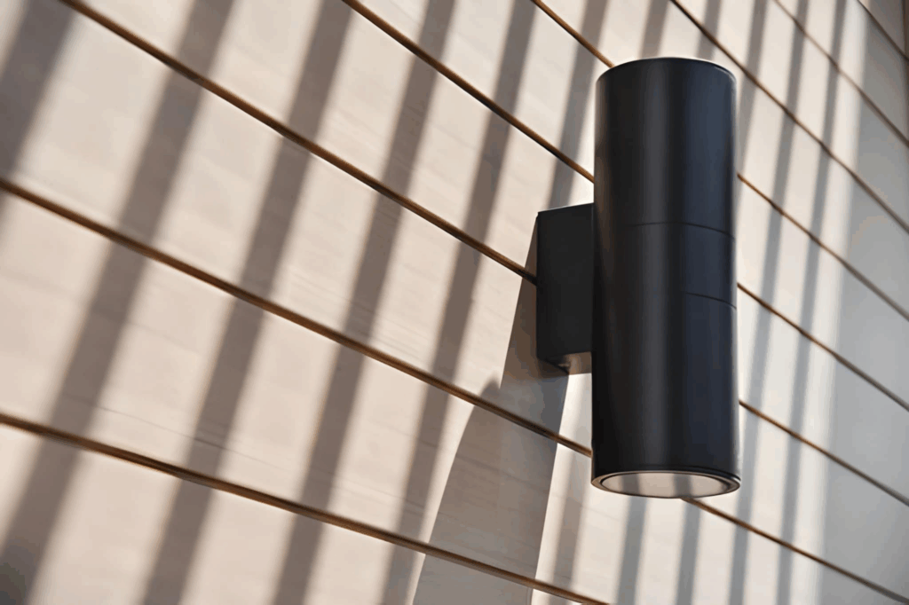 Dark sky friendly exterior wall sconce casting light downward on modern siding.