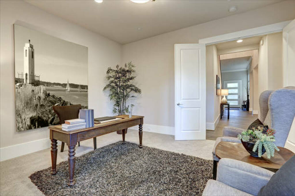 Solid core door with new casing installed at a home office for better sound control.