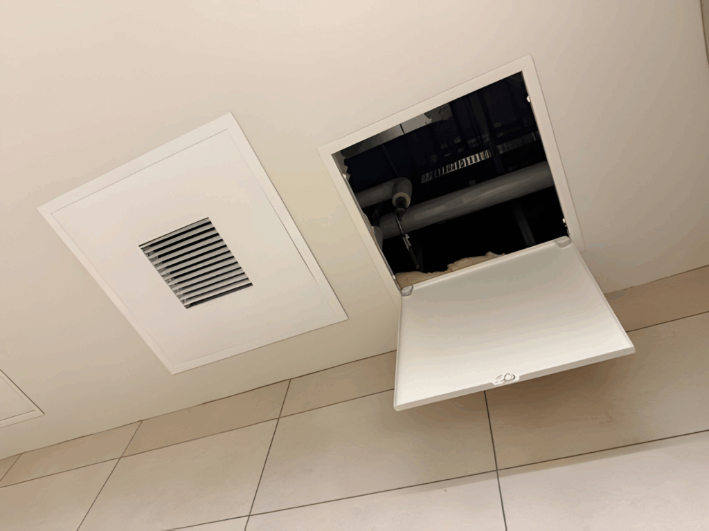 Hybrid basement ceiling with drywall main field and slim access panels along a service chase.