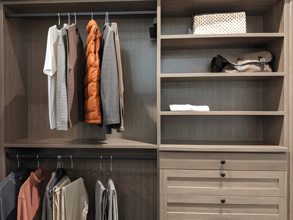 Reach-in bedroom closet with double hanging and a centre shelf tower in a Toronto home.