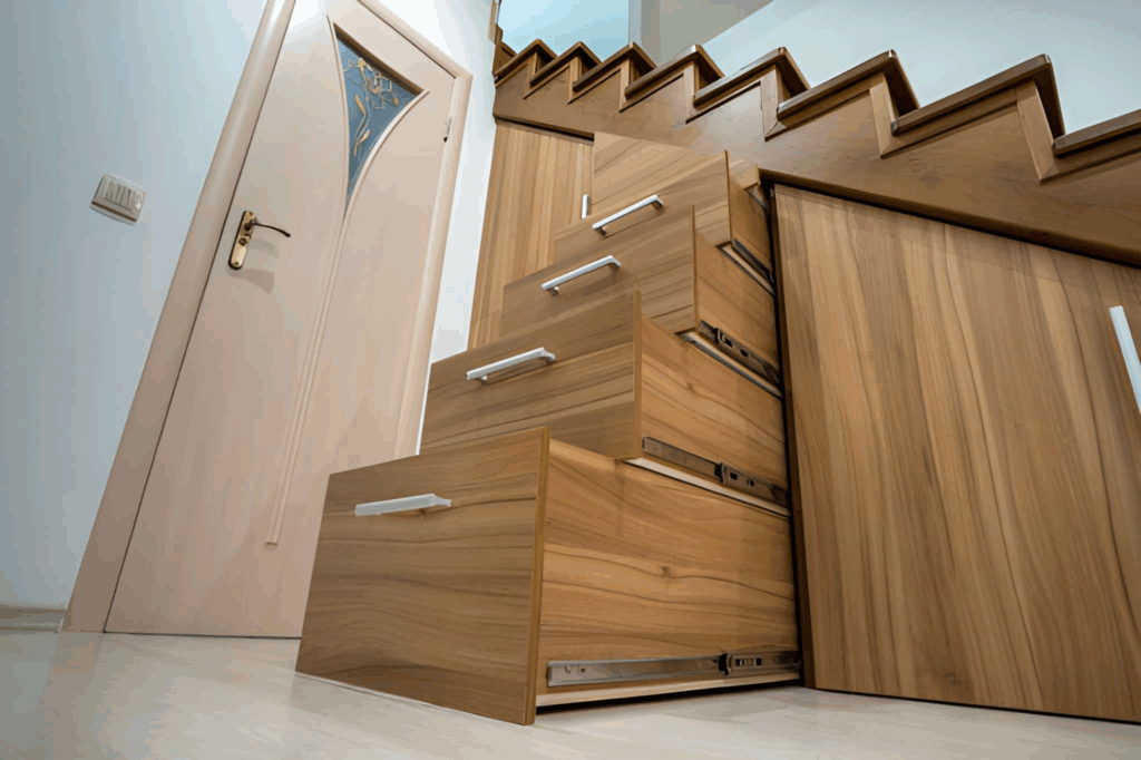 Custom under-stair drawers added to a Toronto staircase for extra storage.