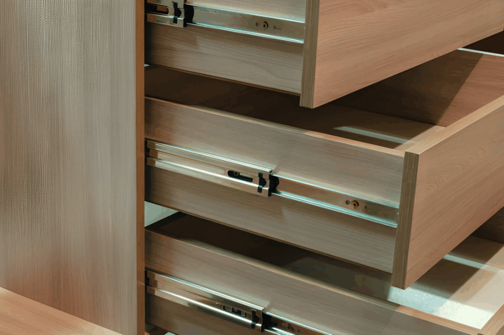 Close-up of soft-close drawers in a custom Toronto closet.