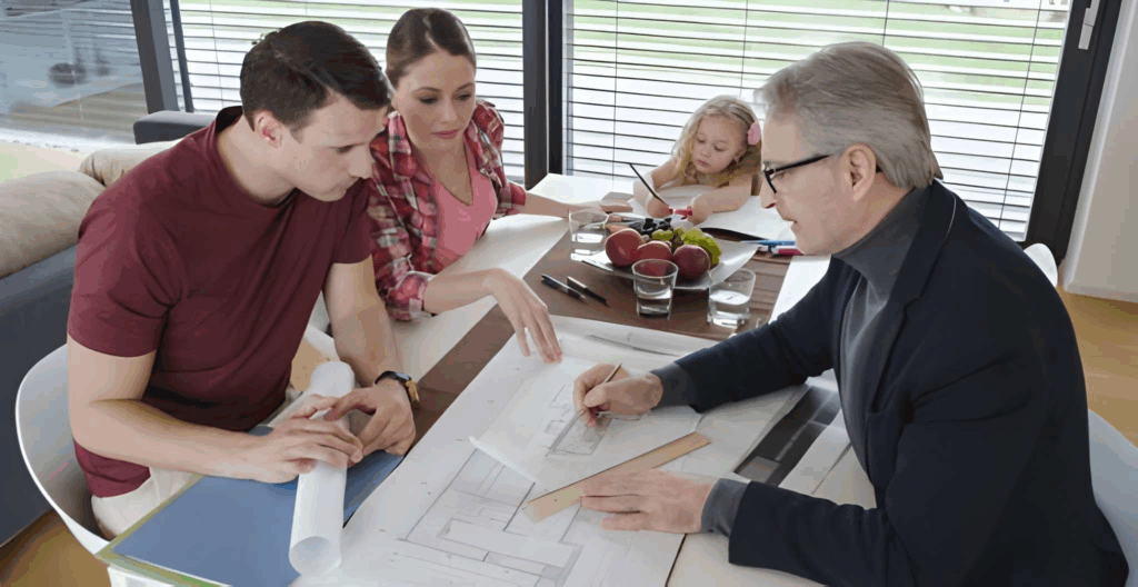 family sketching renovation plans at table.