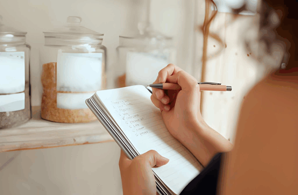 Homeowner writing a kitchen pantry inventory list.