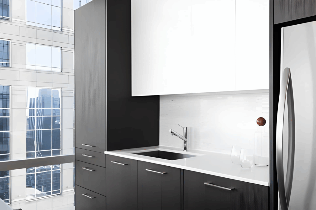Modern condo kitchen with full height pantry cabinets beside a counter depth fridge.
