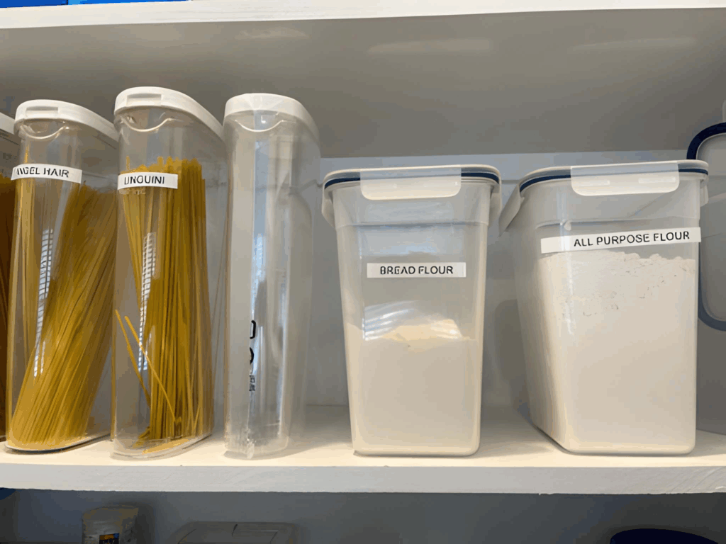 Organized kitchen pantry with labeled clear bins.