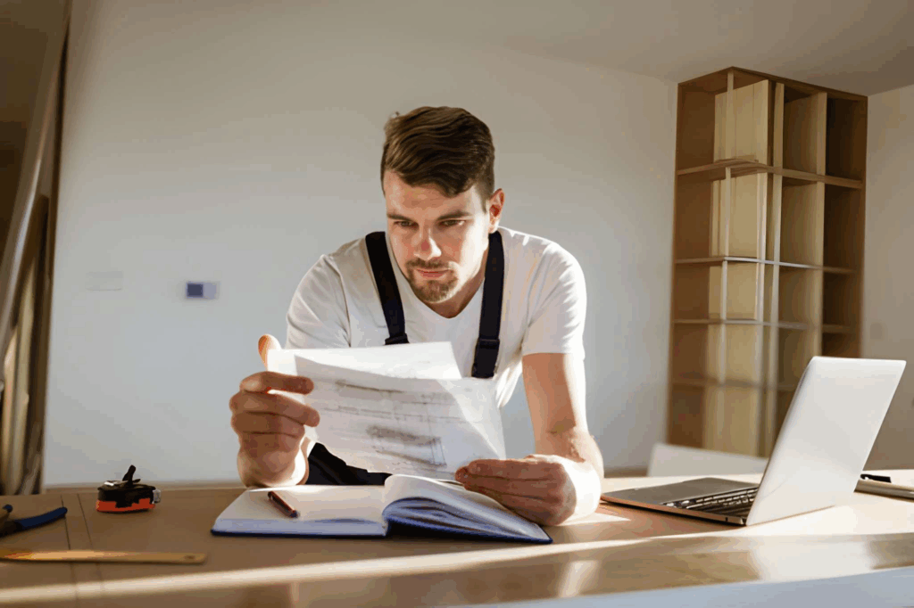 Contractor and homeowner reviewing kitchen pantry renovation drawings and permits.