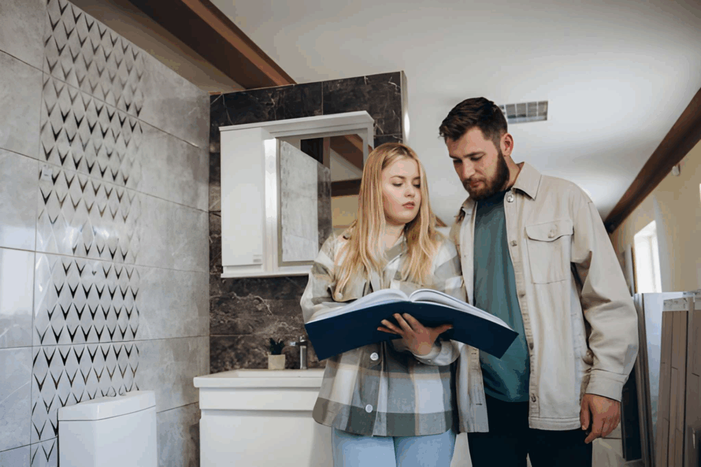 Homeowners reviewing ensuite bathroom renovation plans.