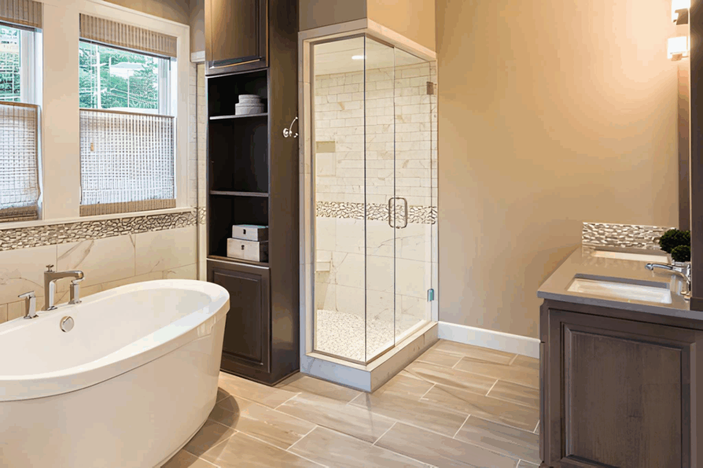 Modern ensuite bathroom in a Toronto home with walk in shower, niche, and heated tile floors.