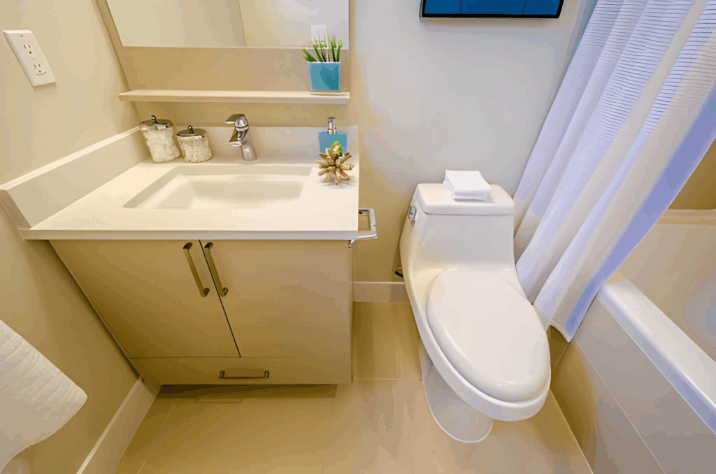 Compact ensuite bathroom with a shower, vanity, and toilet arranged in a 5 by 8 layout