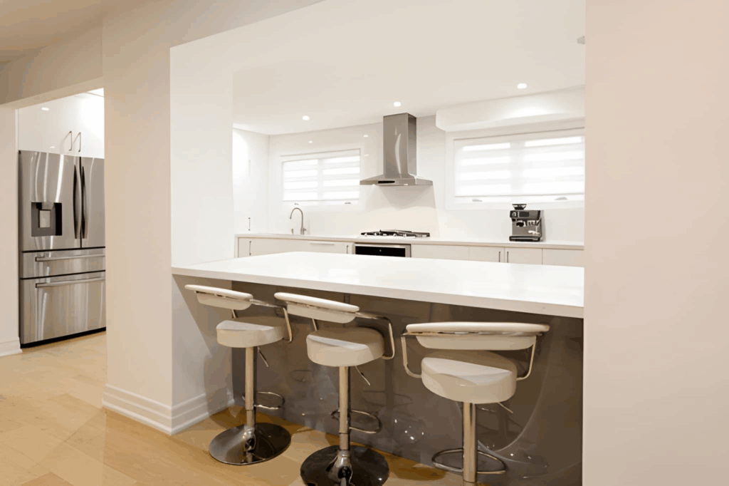 Renovated kitchen in a Toronto semi detached home with new flooring.